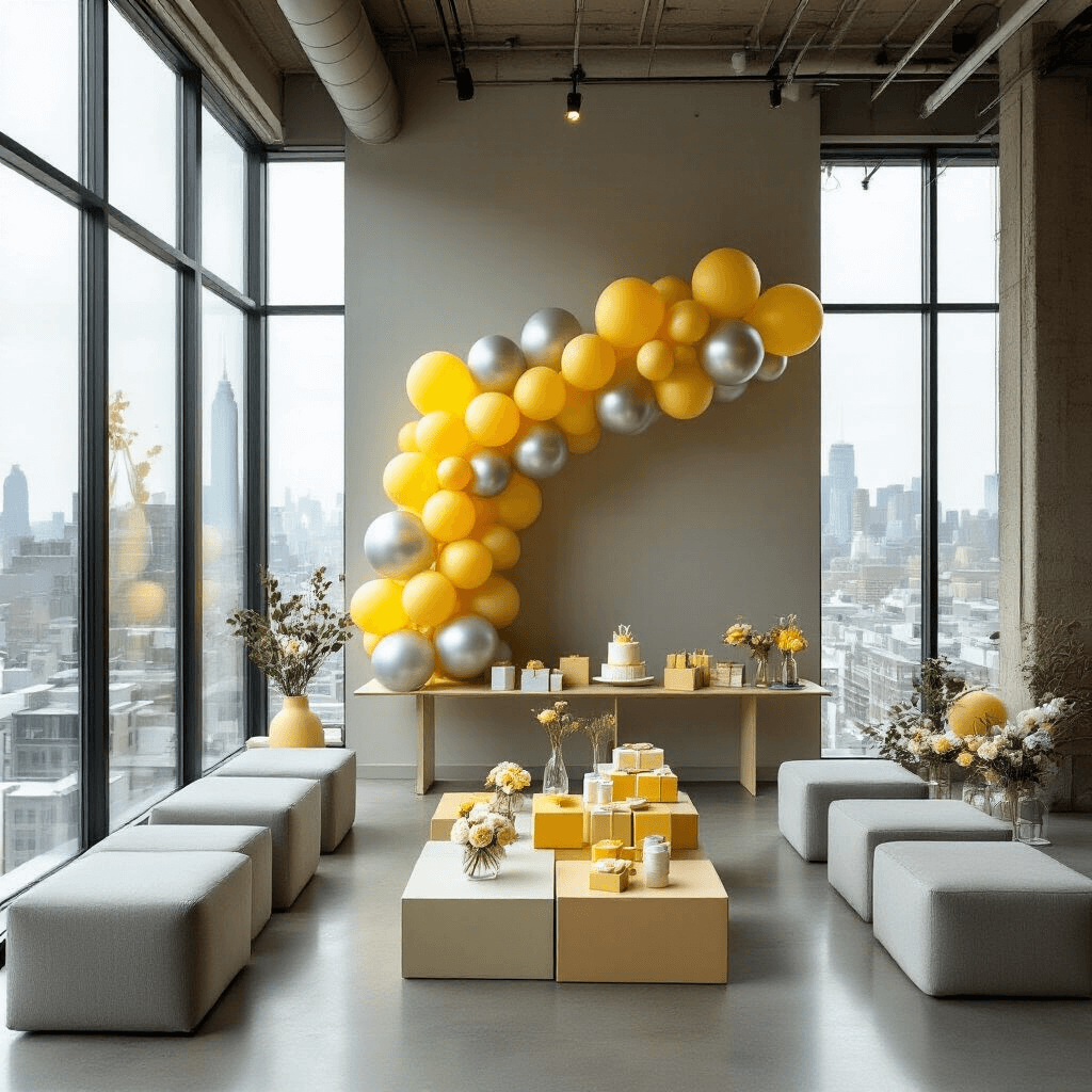 A modern baby shower in a sleek urban loft with floor-to-ceiling windows, featuring soft gray and muted yellow decor, modular seating, a geometric coffee table with bud vases, an asymmetrical yellow and silver balloon installation, a gift table with coordinated presents, and a minimalist cake centerpiece, as guests enjoy mimosas while admiring the cityscape.