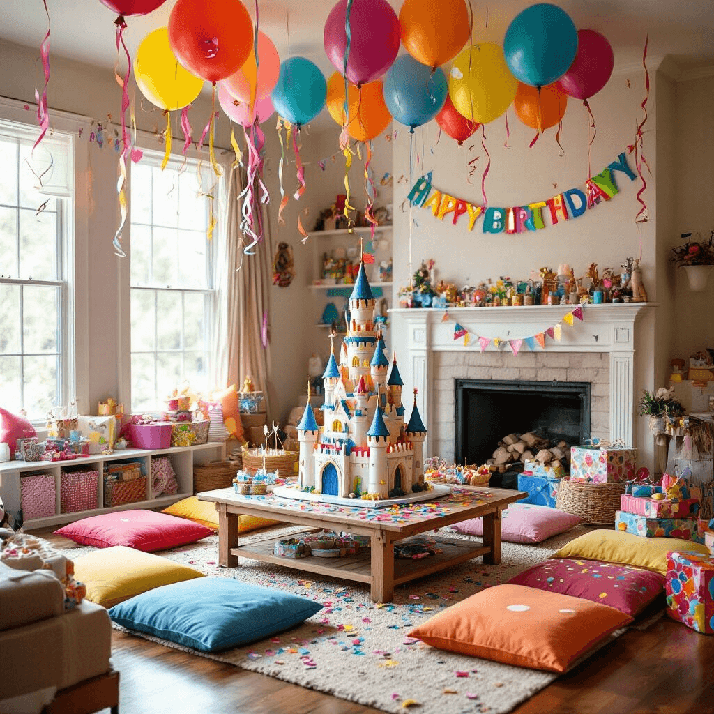 A vibrant children's birthday party in a cozy living room, featuring colorful streamers, oversized confetti balloons, a castle-shaped cake, a DIY craft station for magical wands, playful bunting saying 'Happy Birthday', and a pile of wrapped presents.