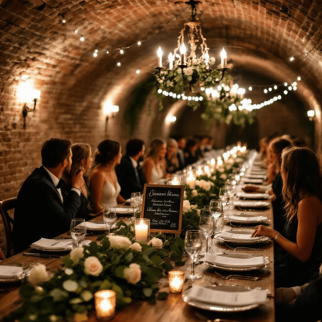 An intimate wedding anniversary dinner in a candlelit wine cellar with long wooden tables dressed in white linens, vintage silver cutlery, and crystal stemware, adorned with eucalyptus and white roses, mercury glass votives, and chalkboard menus, all under string lights and an antique chandelier.
