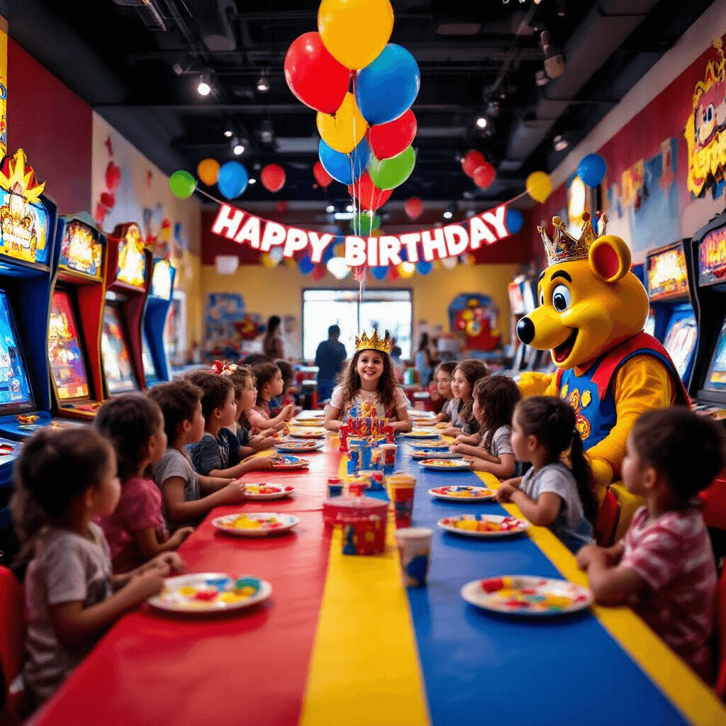 A vibrant Chuck E. Cheese birthday party scene with excited children, colorful arcade games, and a decorated table featuring the birthday child in a crown, surrounded by friends and a Chuck E. Cheese mascot. Balloons and a 'Happy Birthday' banner add to the festive atmosphere.