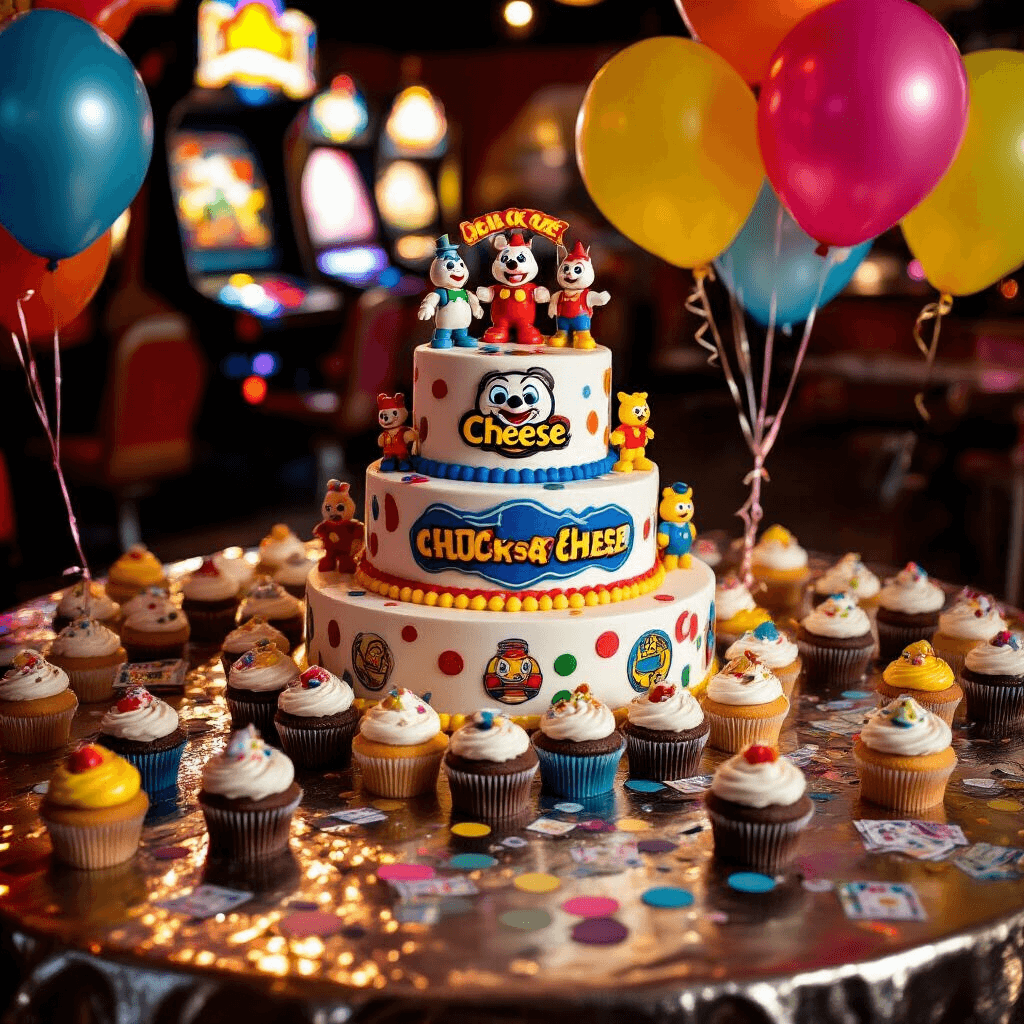 A close-up of a Chuck E. Cheese birthday cake table featuring a tiered cake with the Chuck E. Cheese logo and character figurines, surrounded by colorful arcade game icon cupcakes, on a shimmering metallic tablecloth with confetti and ticket stubs, neon helium balloons, and warm lighting from arcade games.