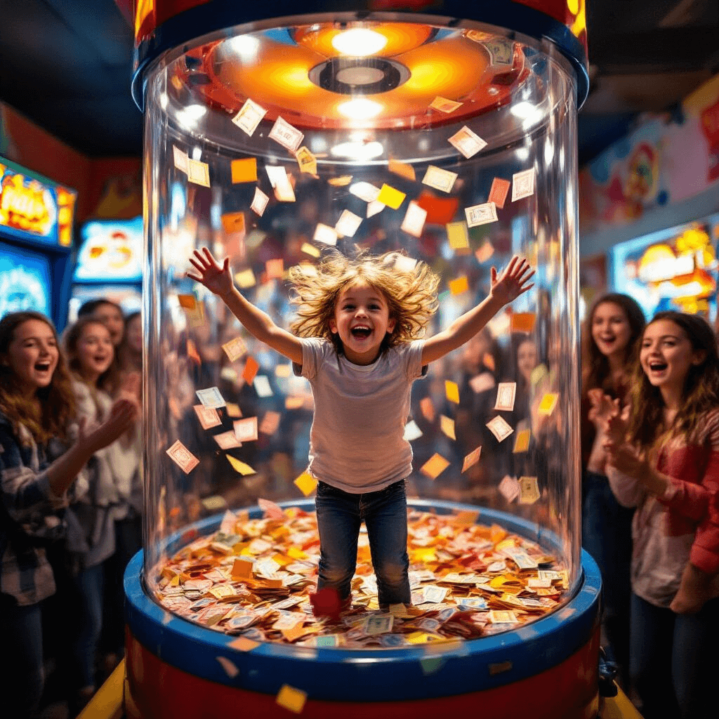 A joyful birthday child stands in the center of the Chuck E. Cheese Ticket Blaster, arms outstretched as colorful tickets swirl around them. Friends and family cheer outside the clear booth, their excited faces visible. Bright lighting highlights the flying tickets, with arcade games and party decorations blurred in the background.