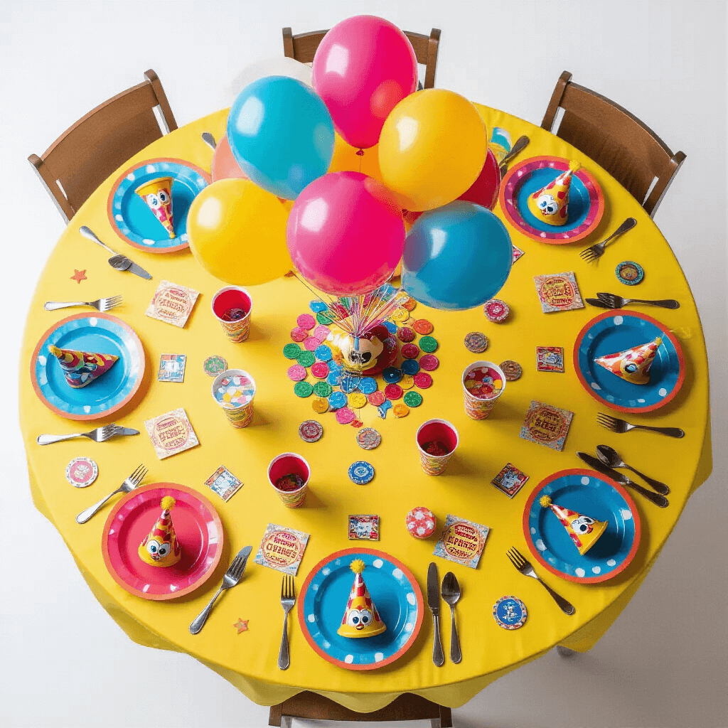 An overhead flat lay of a colorful Chuck E. Cheese party table setting, featuring vibrant character-themed tablecloth, playful place settings with plates, cups, party hats, a bouquet of helium balloons, and scattered game tokens, ticket stubs, and figurines, all under soft, diffused lighting.