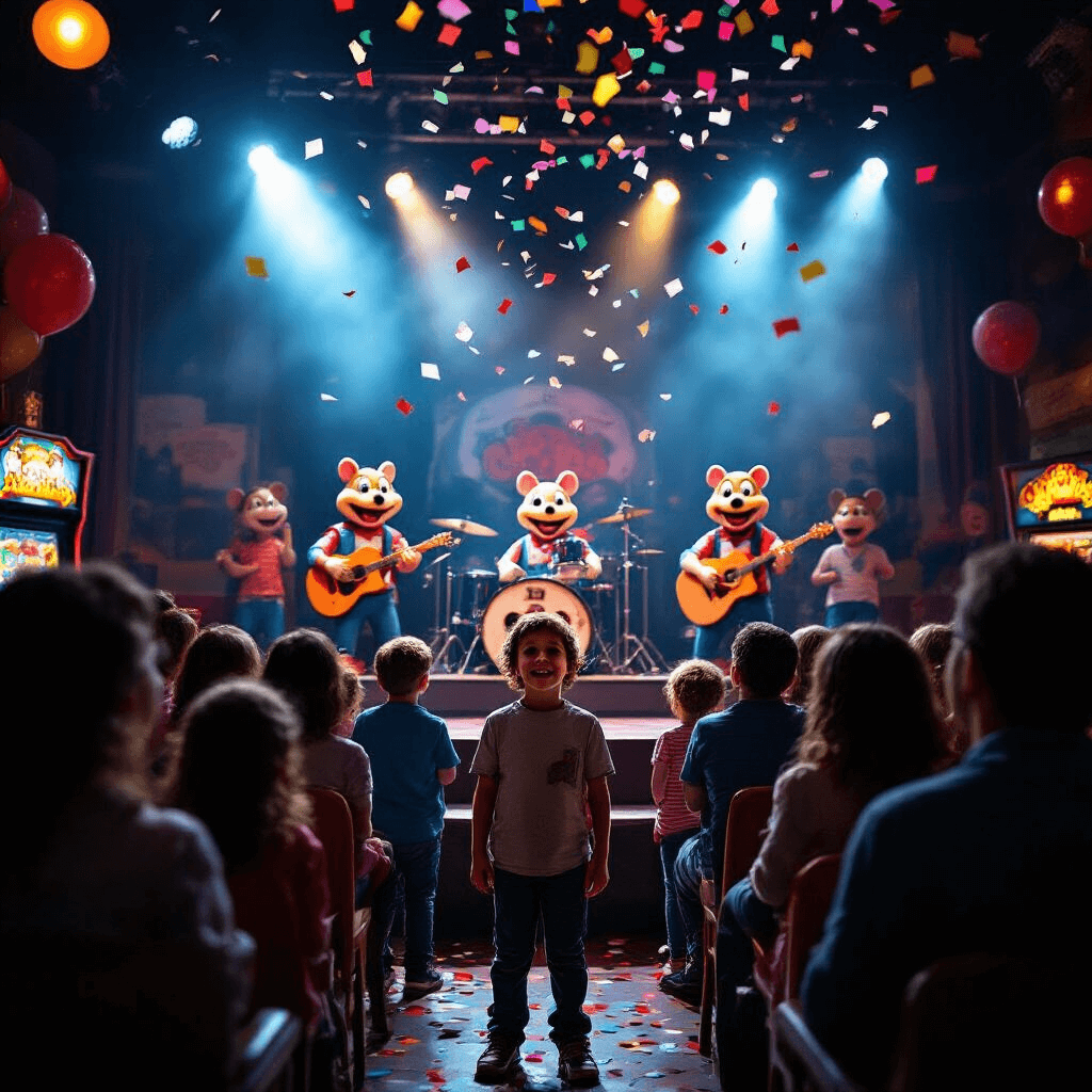 A vibrant scene at a Chuck E. Cheese birthday party, featuring the animatronic band performing under dramatic spotlights, while excited children and parents watch. The birthday child smiles brightly in the foreground as colorful confetti falls, with arcade games and party decorations softly blurred in the background.