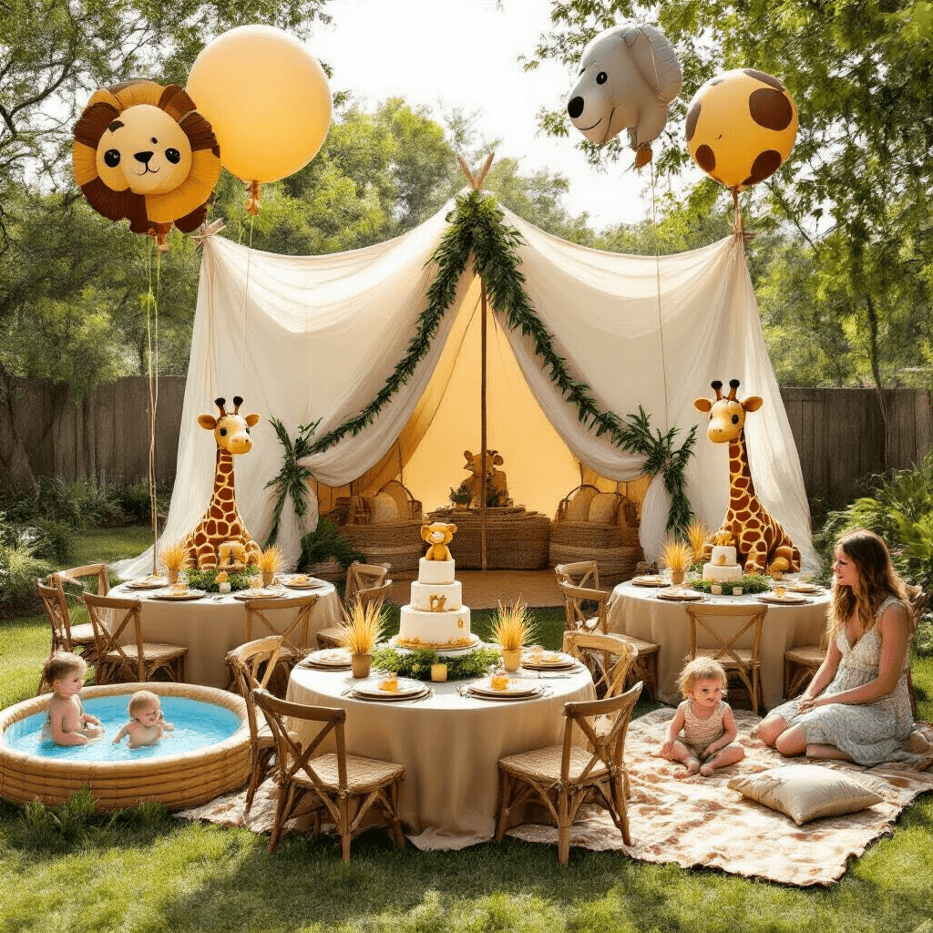 A whimsical 'Wild One Safari Adventure' first birthday party in a sunlit backyard, featuring a grand safari tent draped in ivory fabric, khaki-dressed tables with stuffed animal centerpieces, oversized animal-print balloons, a dessert table with a tiered cake, and children playing in a kiddie pool as parents relax on picnic blankets, all bathed in warm golden hour light.