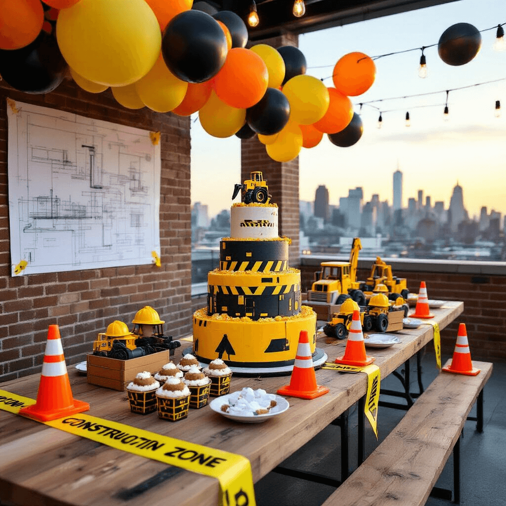 A lively urban rooftop party themed around construction, featuring yellow caution tape, orange traffic cones, a faux brick backdrop, and tables with 'dirt cup' desserts in mini hard hats. The centerpiece is a tiered cake resembling a construction site with toy machinery, complemented by balloons in yellow, orange, and black, and string lights illuminating the scene as the sun sets.