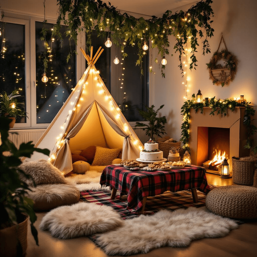 A cozy living room transformed into a campsite for a 'One Happy Camper' celebration, featuring a fairy light-adorned play tent, faux fur rugs, plush cushions, a plaid-covered coffee table with a woodland-themed cake and s'mores station, hanging plants, felt leaf garlands, and a whimsical cardboard fireplace with tissue paper flames, all illuminated by soft lantern and string lights.
