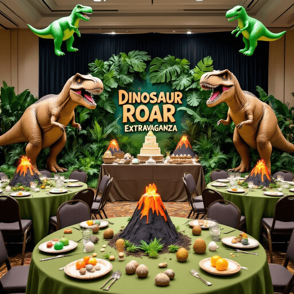 A vibrant indoor ballroom transformed into a 'Dinosaur Roar Extravaganza' with towering cardboard dinosaurs at the entrance, lush tropical backdrop, round tables adorned with earthy green linens, 'hatching' dinosaur egg centerpieces, a grand T-Rex cake on the dessert table, a fossil dig sandbox, and inflatable dinosaurs overhead, all bathed in dramatic green and amber lighting.
