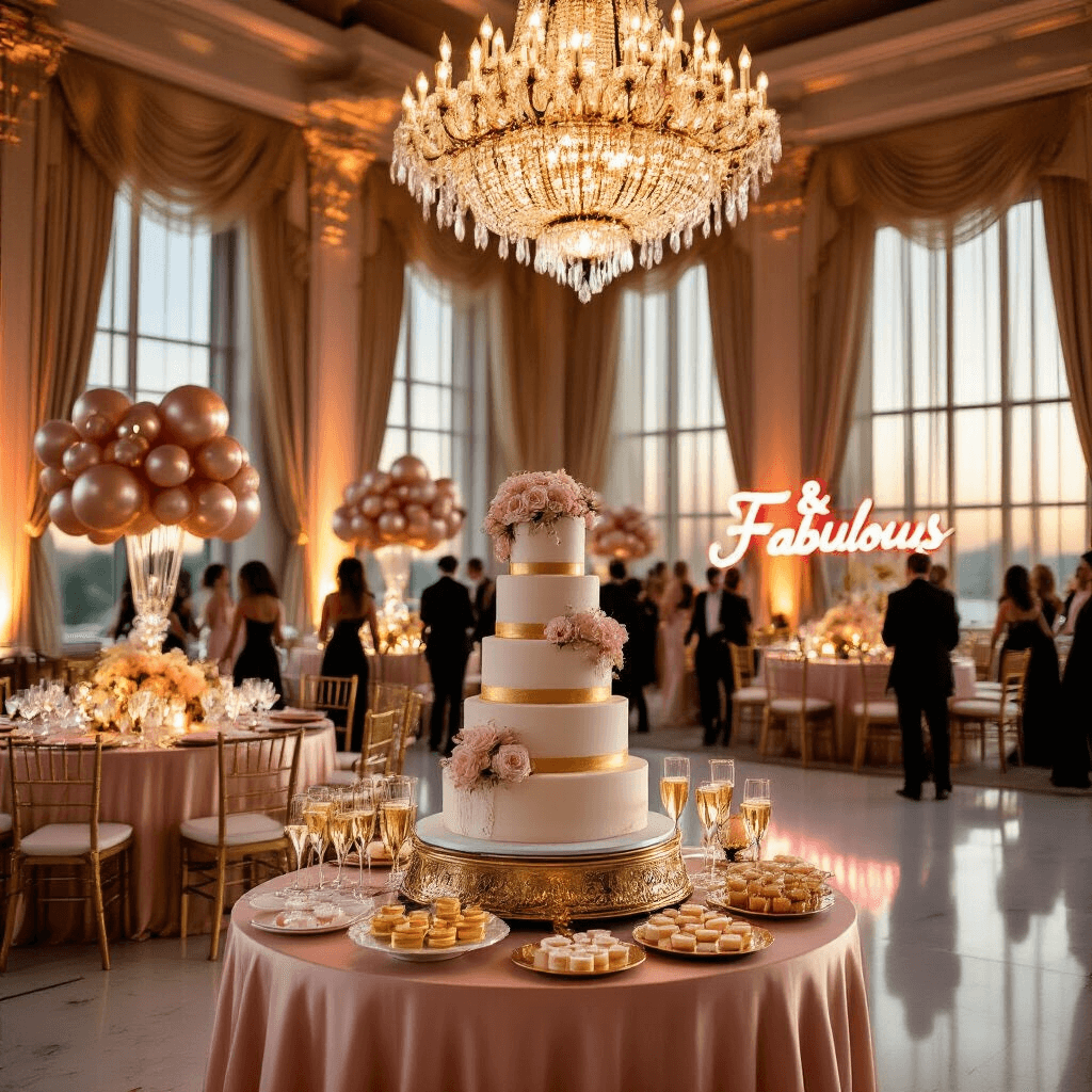 A lavish ballroom party themed 'Fifty & Fabulous' with golden hour light, featuring round tables with blush pink linens, towering floral centerpieces, a grand chandelier, and an ornate dessert table with a gold and white cake. Guests in glamorous attire mingle near a metallic balloon backdrop and a neon sign that reads '50 & Fabulous'.