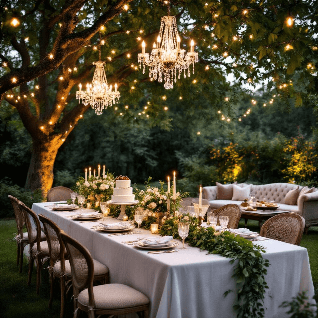 A beautifully styled 'Garden Elegance' birthday soirée at twilight, featuring a long farmhouse table with white linen, greenery runners, and vintage chairs, illuminated by fairy lights and chandeliers, surrounded by lush trees and a cozy lounge area with velvet sofas and wine.