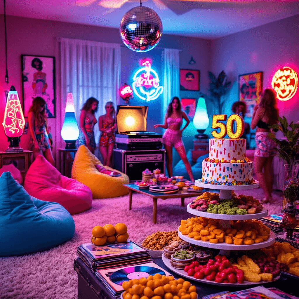 A vibrant living room decorated for a 'Decades Throwback' celebration, featuring bold colors, a vinyl record player, colorful beanbag chairs, lava lamps, neon signs, a disco ball, a nostalgic grazing table, a funky tiered cake with a glittery '50', and guests in vintage outfits at a DIY photo booth.