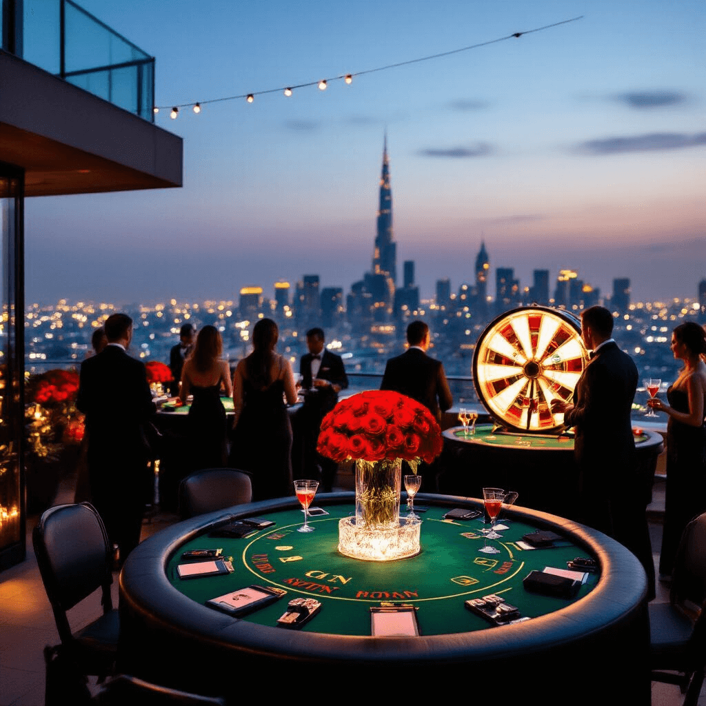 A luxurious rooftop terrace event themed 'Casino Royale Night' at dusk, featuring gaming tables, guests in black-tie attire, red roses, a martini bar with an ice sculpture, and a 'Big Win' prize wheel, all set against a glittering cityscape.