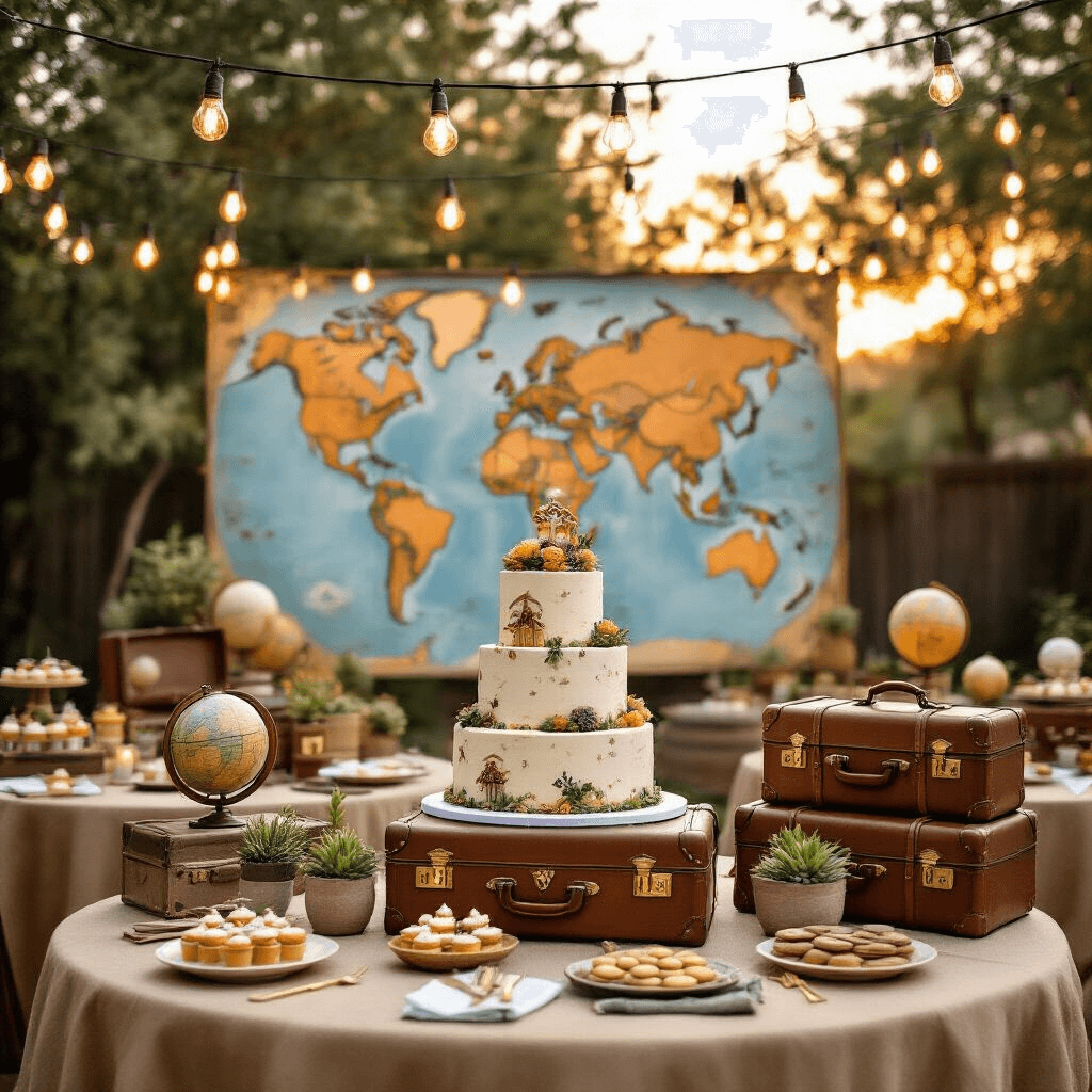 A whimsical Adventure Explorer-themed birthday party in a spacious backyard at golden hour, featuring a hand-painted world map backdrop, a vintage suitcase dessert table, round tables with miniature hot air balloon centerpieces, warm Edison bulb lighting, and a tiered cake resembling stacked luggage.