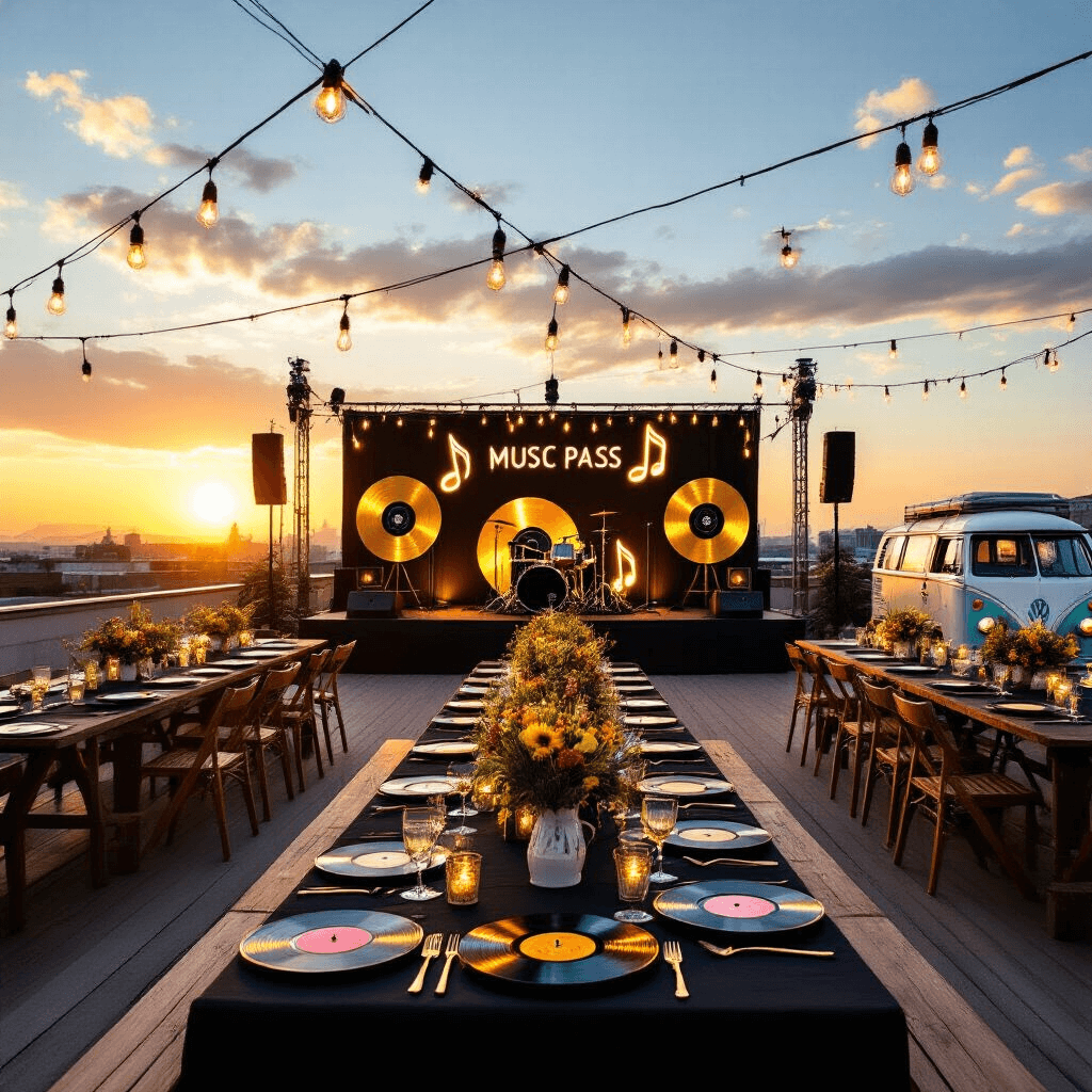 An elegant rooftop terrace set for a Music Festival-themed celebration at sunset, featuring a stage with oversized gold records, neon music notes, long farmhouse tables with black linens and gold cutlery, vinyl records as vases with wildflowers, fairy lights, lanterns, a vintage VW van bar, a 'backstage pass' photo area, and a DJ booth.