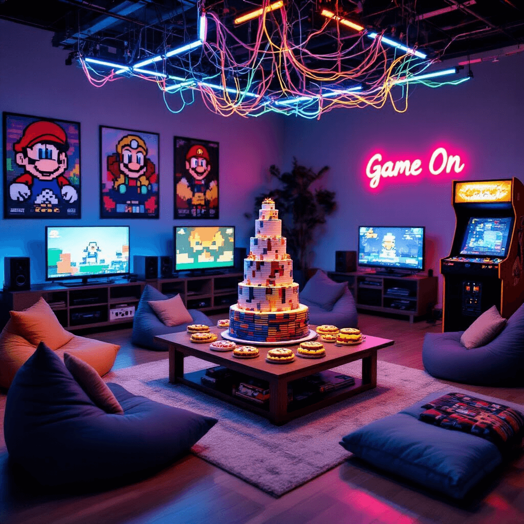 A cozy living room set up for a Gaming Universe party features soft lighting from gaming consoles and RGB LED strips, a coffee table with a cake shaped like video game cartridges, pixel art cookies, and game controller sandwiches. Comfortable seating is arranged with bean bags, while walls display posters of iconic game characters and a neon 'Game On' sign. A DIY arcade cabinet is in the corner, with a colorful wire and circuit board installation overhead.