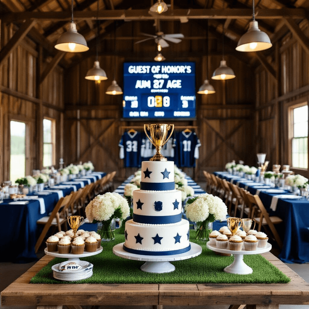 Interior of a rustic barn decorated for a Sports Championship celebration, featuring long tables with navy and white linens, miniature trophy cup centerpieces with white hydrangeas, custom scoreboard displaying the guest of honor's name and age, pendant lights made from sports equipment, a 'locker room' photo booth with jerseys and memorabilia, and a dessert table with a multi-tiered sports ball cake surrounded by themed cupcakes and cookies on AstroTurf.