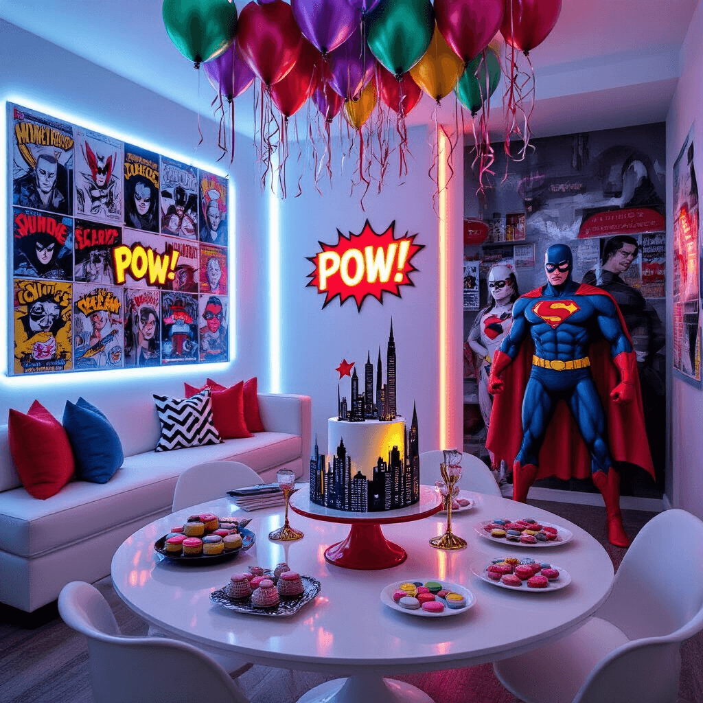 A modern apartment decorated for a Superhero Extravaganza, featuring dramatic LED lighting, a comic book collage wall, sleek white furniture with colorful accents, a dessert table with a skyline cake, themed treats, metallic decorations, life-sized superhero cutouts, and a 'transform into a hero' station with masks and capes.