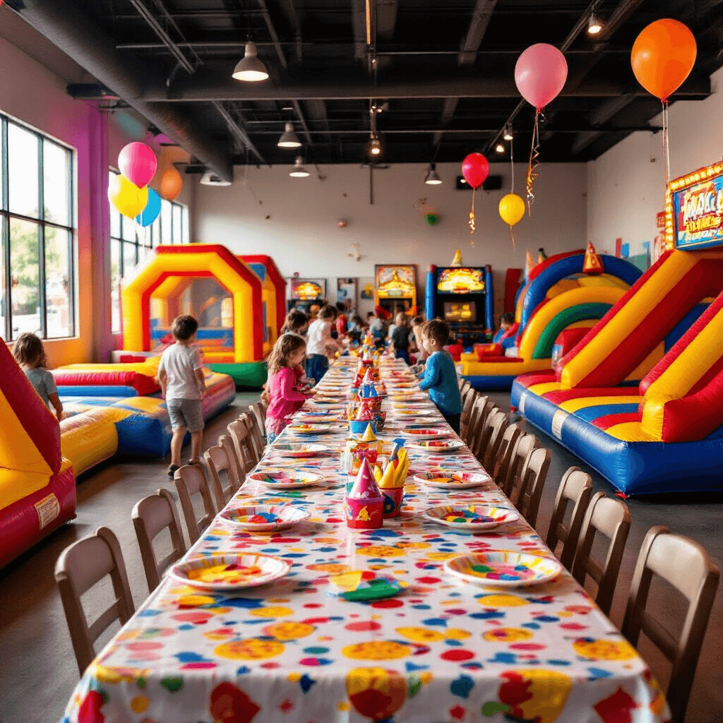 A colorful indoor play area filled with inflatable bounce houses, arcade games, and a vibrant pizza party setup, capturing the joyful energy of children playing and celebrating amidst soft lighting and festive decorations.