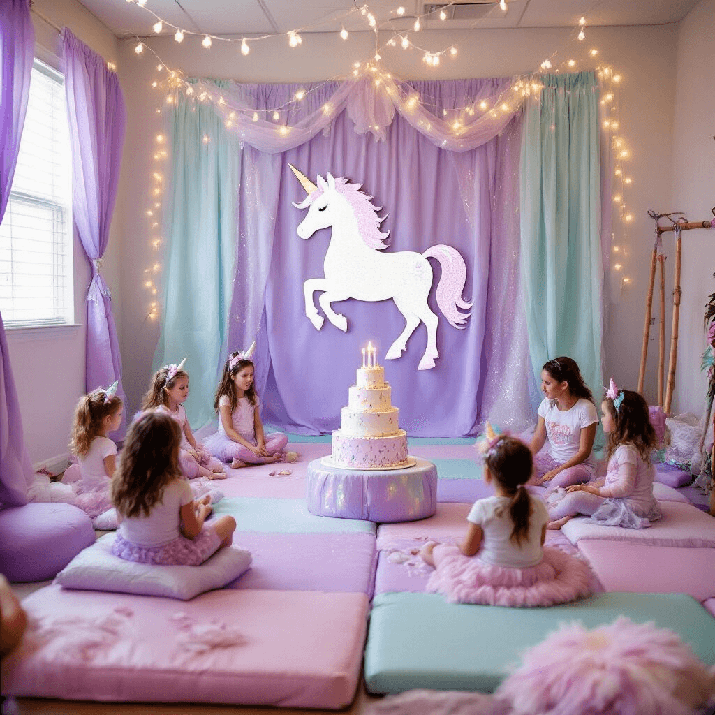 A magical unicorn-themed party at The Little Gym, featuring pastel decorations, a glittery unicorn backdrop, comfortable seating with iridescent fabrics, twinkling fairy lights, and children in unicorn outfits celebrating around a birthday child blowing out candles on a tiered unicorn cake.