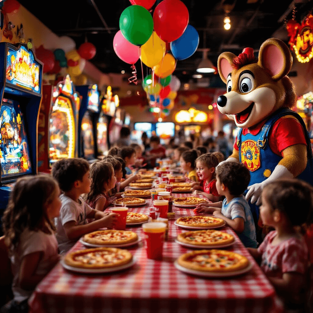 A lively Chuck E. Cheese party scene featuring children enjoying arcade games, a decorated private party section with balloons and a birthday banner, a large animatronic Chuck E. Cheese, tables with pizzas and drinks, all under warm lighting that enhances the festive atmosphere.