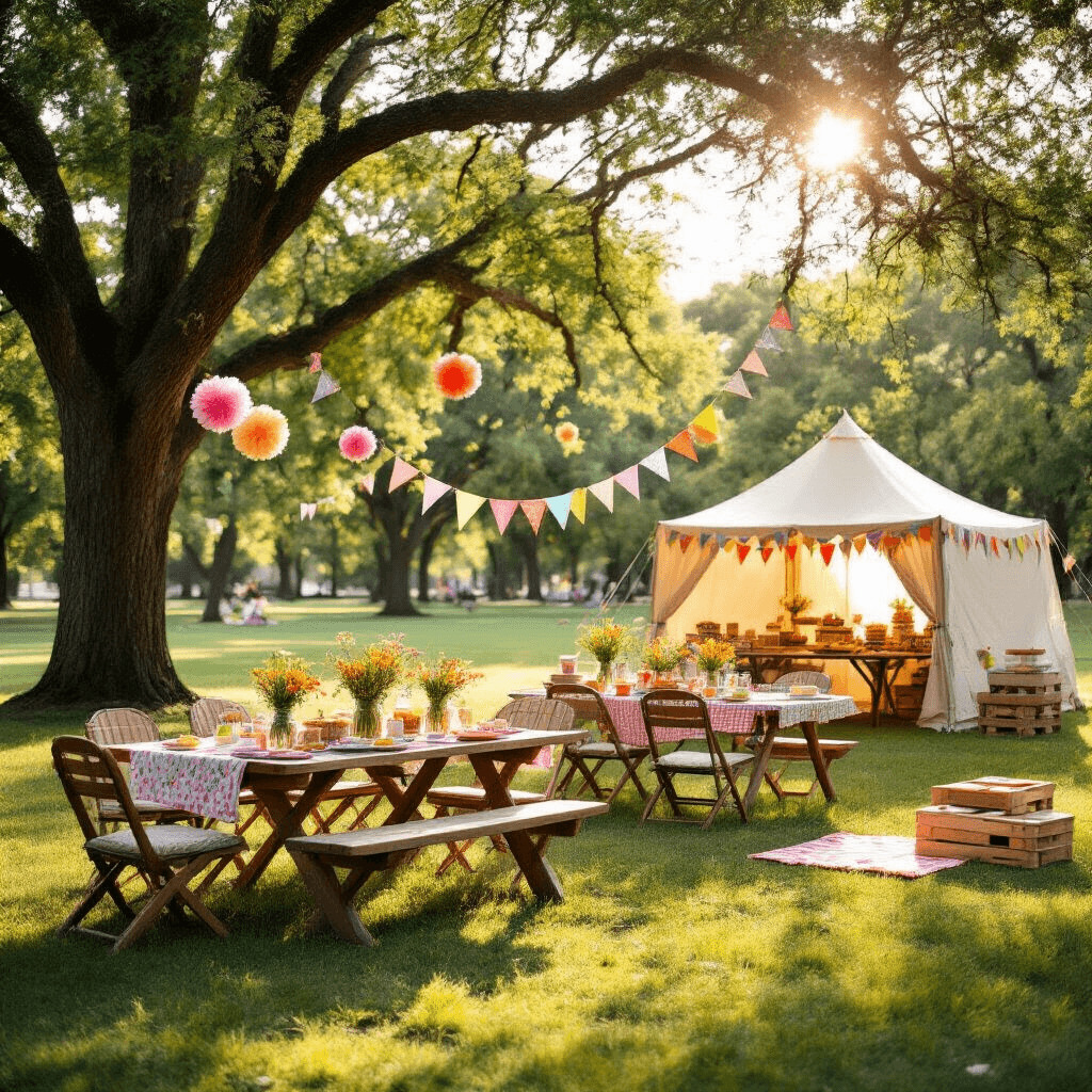 A sun-dappled city park adorned for a DIY birthday celebration with a portable party tent, colorful picnic tables, wildflower-filled mason jars, handmade bunting, tissue paper pom-poms, a dessert table of homemade treats, and lawn games like oversized Jenga and cornhole, all bathed in a warm golden hour glow.