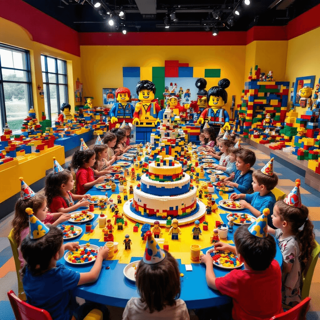 A vibrant LEGO-themed party scene featuring a central table with a massive LEGO cake, colorful minifigure place settings, and children engaged in building challenges amidst oversized LEGO characters and a playful LEGO brick pit.