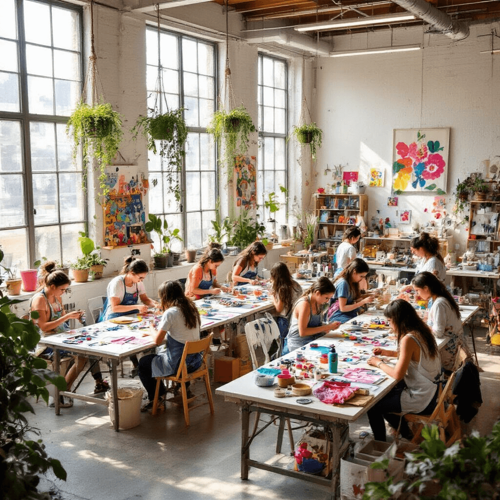 A vibrant loft space filled with natural light, featuring teens engaged in various craft activities at long tables. Craft stations include custom t-shirt making, jewelry design, and personalized art projects, all surrounded by colorful supplies and adorned with hanging plants and inspirational artwork.
