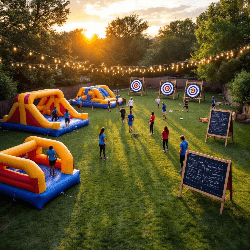 A vibrant backyard scene during golden hour, showcasing various mini-Olympics zones including an inflatable obstacle course and archery targets. Teens in colorful team attire are engaged in a scavenger hunt, with string lights illuminating the festive atmosphere. A chalkboard scoreboard is prominently displayed, all captured from a drone perspective.