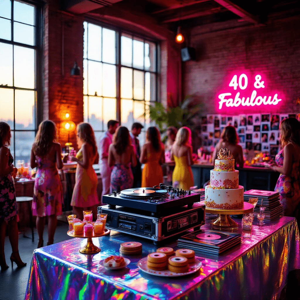 A vibrant retro throwback party in a chic urban loft, featuring golden hour light, neon decor, a vintage record player, guests in 80s-inspired outfits, holographic tablecloths, a neon '40 & Fabulous' sign, a wall of Polaroid photos, and a dessert table with a cassette tape cake.