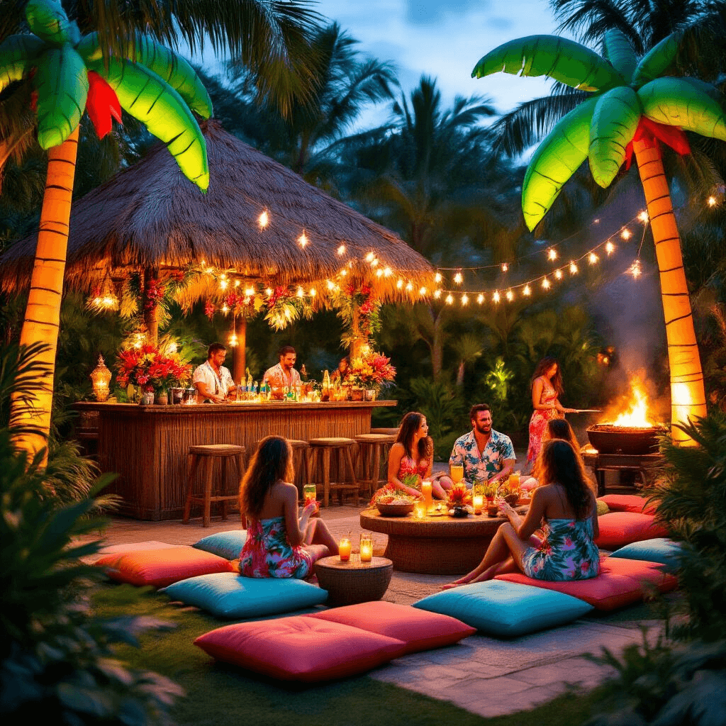 A tropical luau in a lush backyard at twilight, featuring tiki torches, warm lights, a thatched tiki bar with colorful cocktails, guests in Hawaiian attire lounging with floor cushions, inflatable palm trees, a dance floor, and a pig roast sizzling in the background.