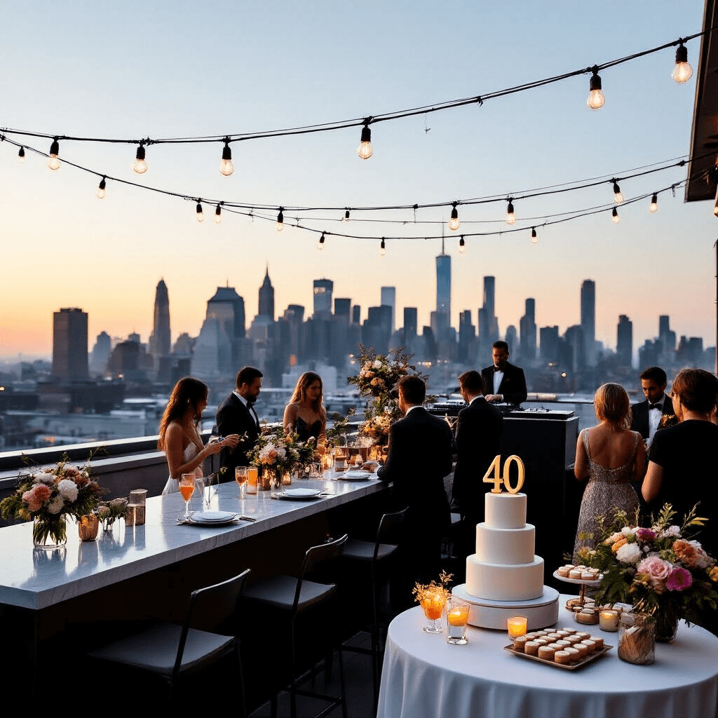 A chic rooftop celebration at dusk featuring a twinkling city skyline, sleek high-top tables with white linens, a modern marble bar serving cocktails with edible flowers, minimalist floral arrangements, strings of Edison bulbs, a DJ on a raised platform, and a dessert station with macarons and a 'naked' cake, all surrounded by guests in cocktail attire mingling and posing for photos.