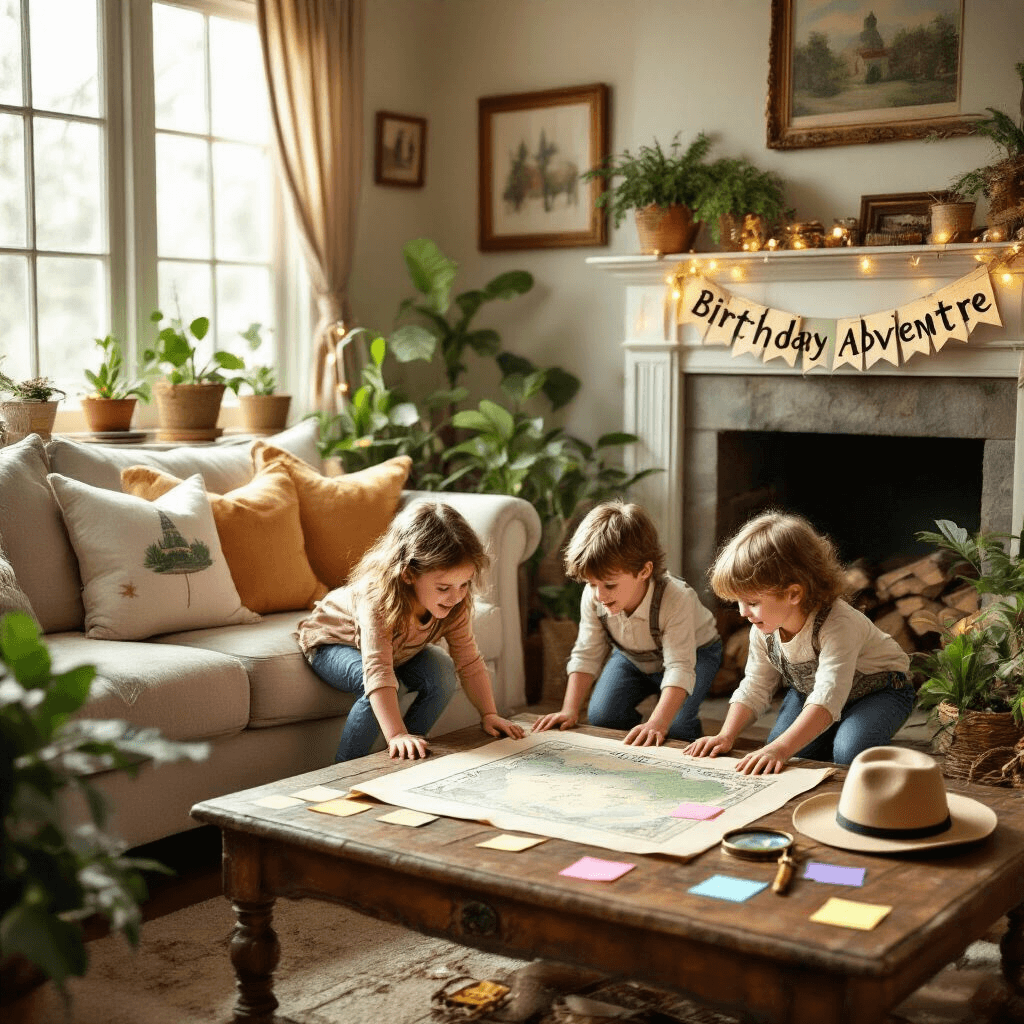 A cozy living room filled with soft morning light features excited children aged 6-8 on a treasure hunt, searching for clues among vintage furniture and potted plants. Colorful sticky notes are visible behind picture frames and decorative pillows. A hand-drawn treasure map is laid out on a rustic coffee table, accompanied by magnifying glasses and explorer hats. Strings of fairy lights illuminate the scene, and a 'Birthday Adventure' banner decorates the fireplace mantle, creating a whimsical, adventurous atmosphere in muted pastels with gold accents.