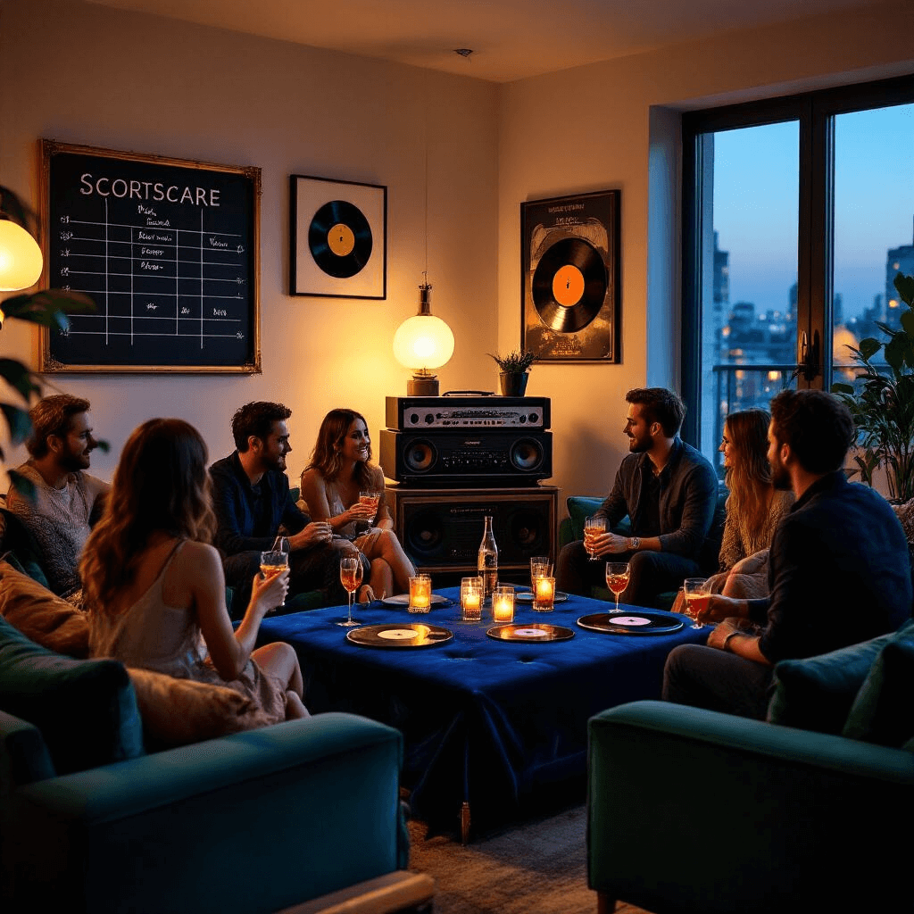 An intimate 'Name That Tune' party in a stylish apartment with a sleek sound system, jewel-toned lounge seating, a navy velvet-covered table, and guests enjoying cocktails. The warm lighting and music memorabilia create a cozy atmosphere, while a vintage chalkboard scoreboard adds a playful element. The decor features deep blues, emerald greens, and gold accents.