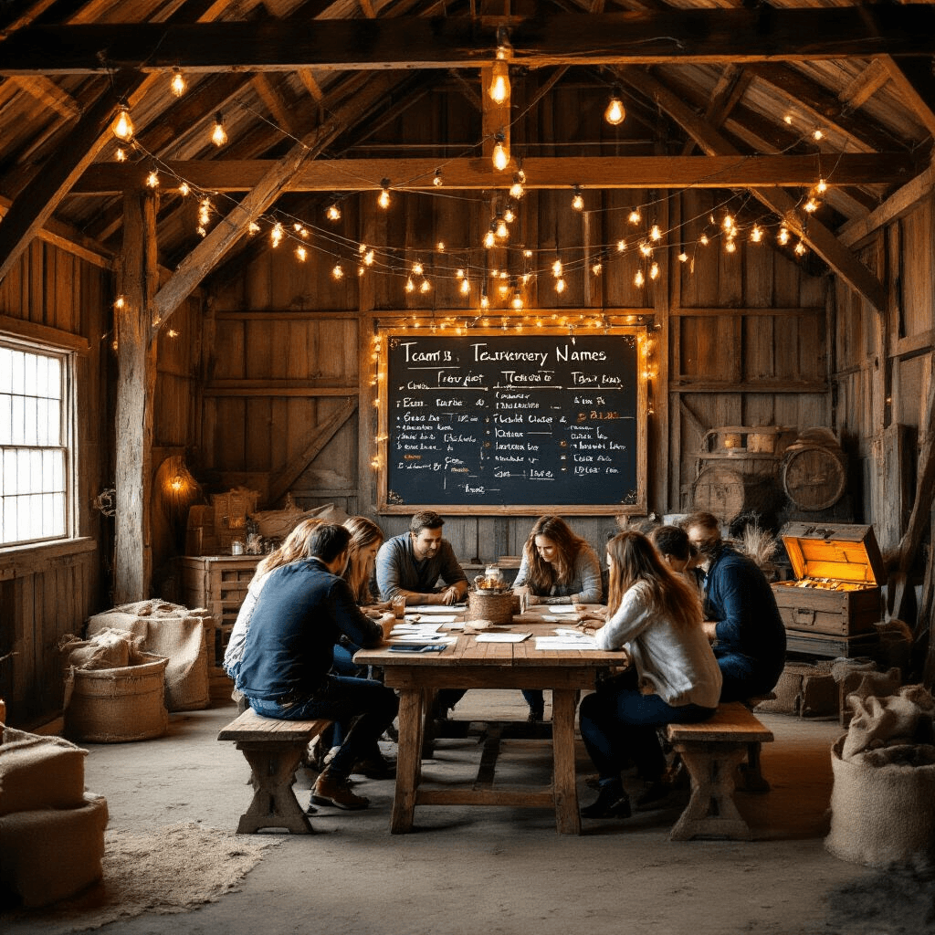 A vibrant adult scavenger hunt in a rustic barn, featuring teams at wooden tables with clue lists, themed zones with props like a mock archaeological dig and a locked treasure chest, illuminated by fairy lights and Edison bulbs, with a chalkboard showing scores and creative team names amidst burlap and metallic decor.