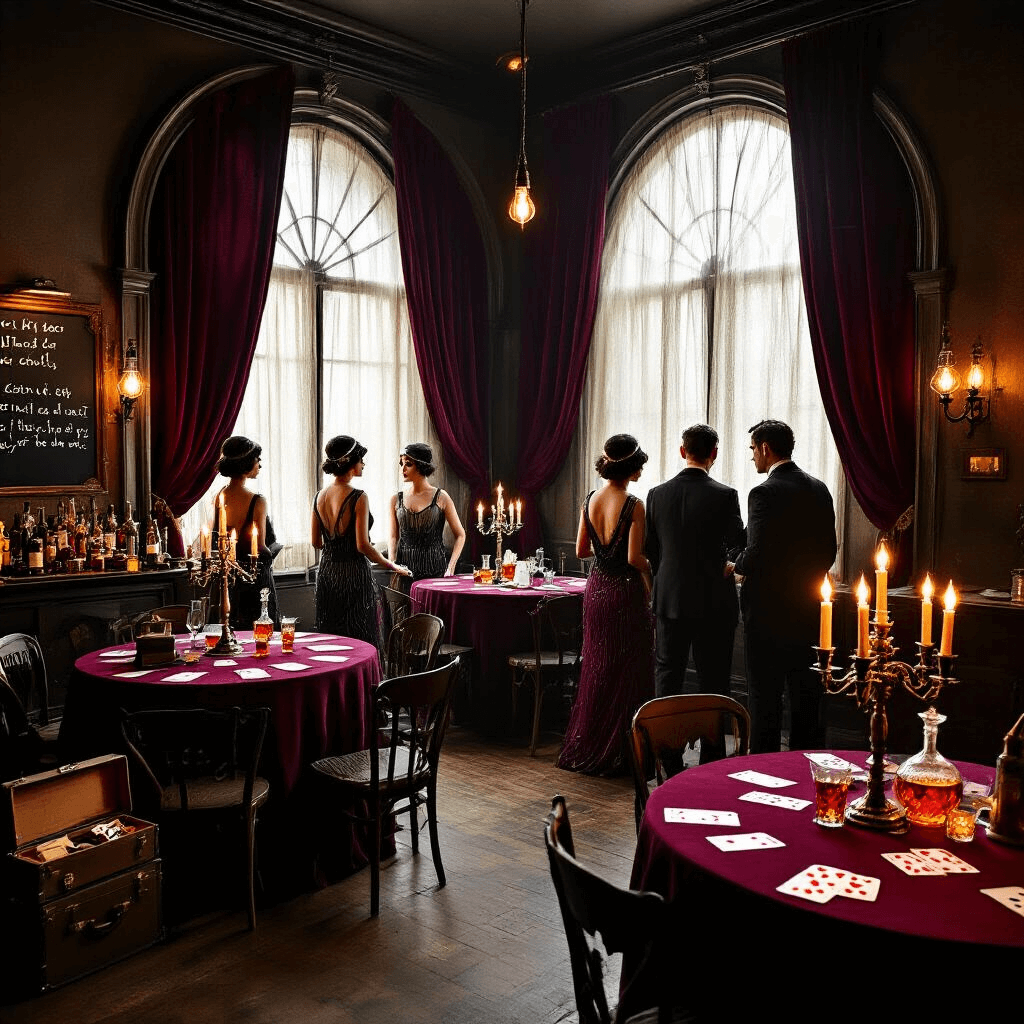 Unforgettable Adult Birthday Party Ideas: Your Ultimate Guide to Epic Celebrations A dimly lit 1920s speakeasy-themed living room for a murder mystery party, featuring velvet curtains, round tables with burgundy linens, vintage candelabras, guests in flapper dresses and pinstripe suits, a makeshift bar with crystal decanters, a chalkboard with clues, and vintage suitcases with props.