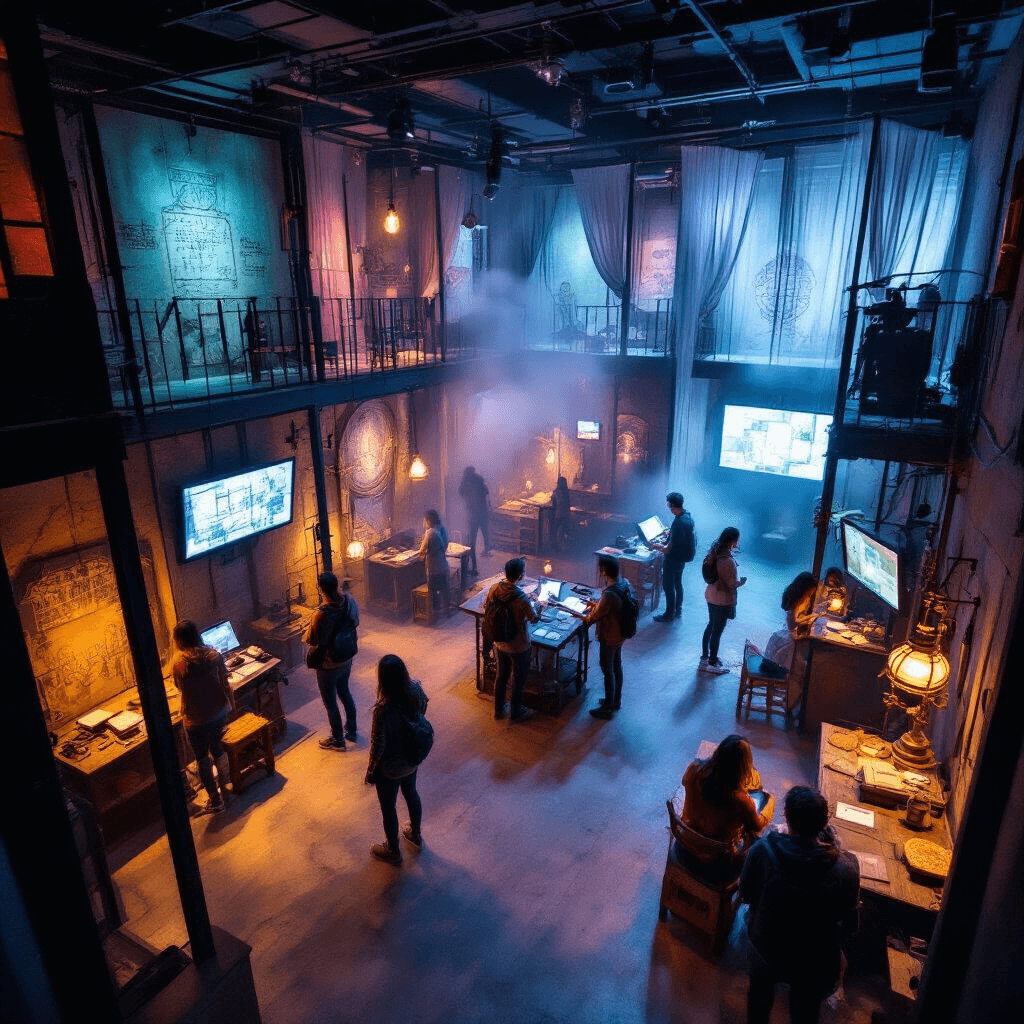 Unforgettable Adult Birthday Party Ideas: Your Ultimate Guide to Epic Celebrations An overhead view of a modern loft escape room featuring themed zones separated by sheer curtains and portable walls, displaying intricate puzzles and mysterious artifacts. A central command station with screens shows countdown timers, while groups of friends engage in various challenges amidst ambient lighting and fog effects.