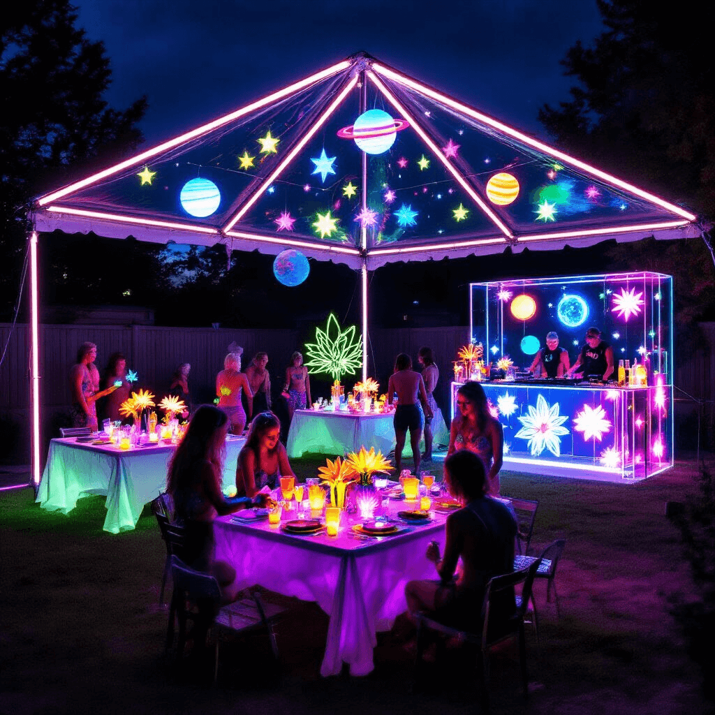 Unforgettable Adult Birthday Party Ideas: Your Ultimate Guide to Epic Celebrations A vibrant glow party wonderland at night, featuring a large tent outlined in LED neon tubes, UV-reactive tables with glowing centerpieces, dancing guests with body paint illuminated by blacklights, a clear acrylic DJ booth with glowing orbs, a bar with light-up glasses, and a canopy of glow-in-the-dark stars, captured with a fish-eye lens for an immersive effect.