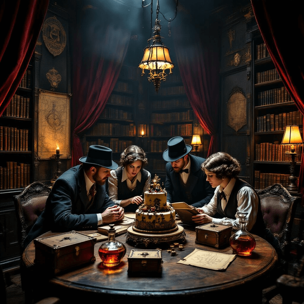 A vintage library escape room birthday celebration with adults in 1920s attire solving puzzles around ornate boxes, flickering candles, and a steampunk cake, set against a backdrop of leather-bound books and cryptic symbols.