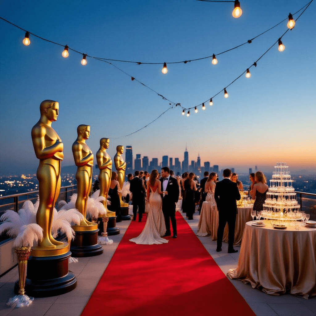 A glamorous Vintage Hollywood party on a rooftop terrace at twilight, featuring a red carpet, life-sized Oscar statues, and guests in elegant attire amidst art deco decor and a champagne tower, with a twinkling city skyline backdrop.