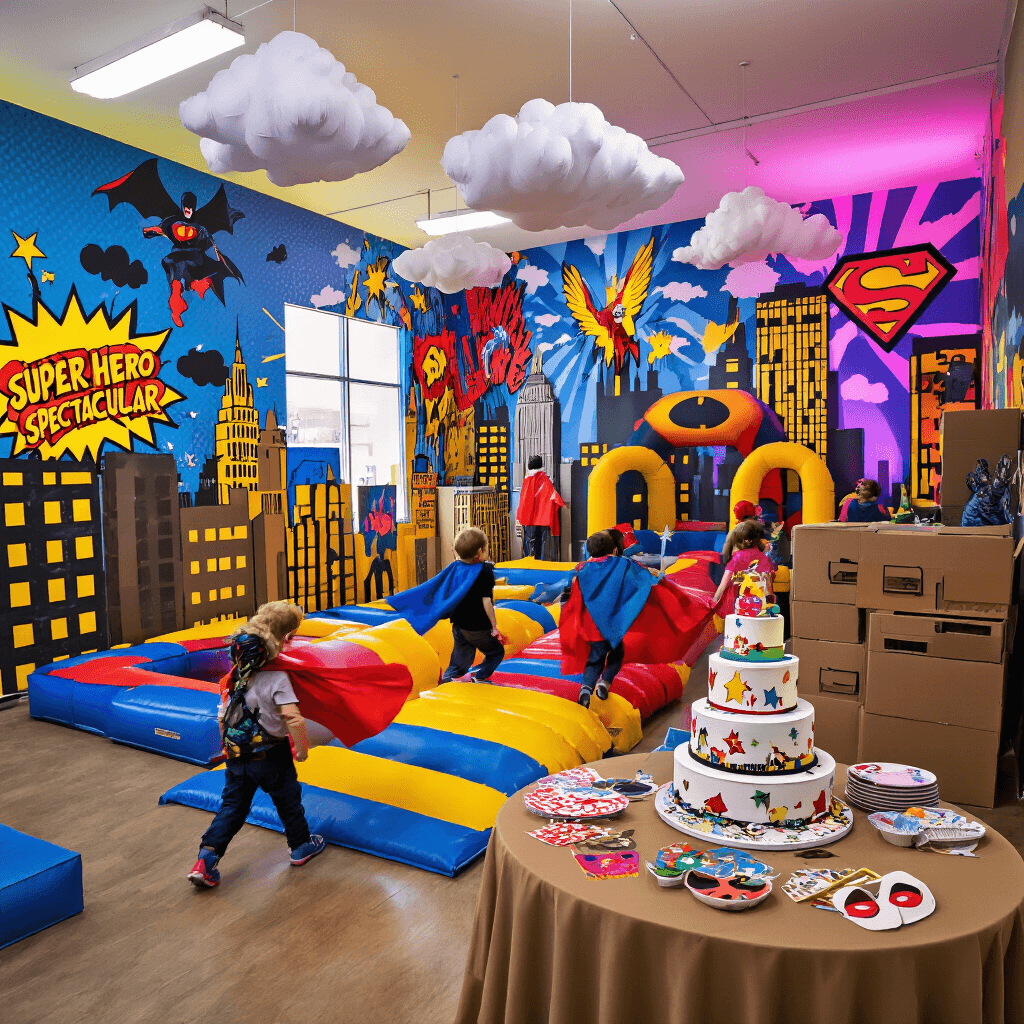 A vibrant community center transformed for a superhero event, featuring colorful comic book murals, cardboard cityscapes, children in capes navigating an inflatable obstacle course, a dessert table with a comic panel cake, and interactive stations for creating masks and testing 'superpowers', all under bold, primary-colored lighting.