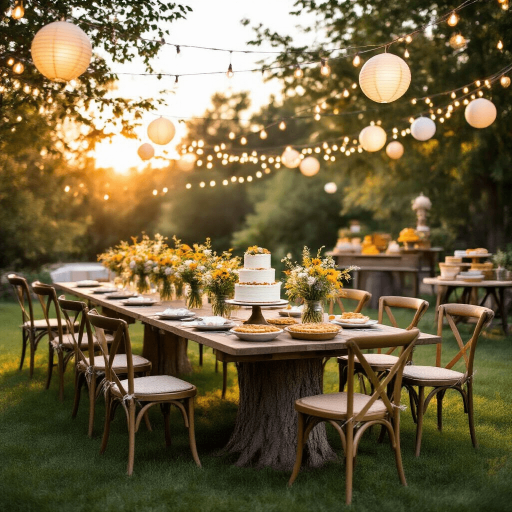 An elegant backyard celebration at golden hour with mismatched vintage chairs, long wooden tables decorated with wildflower bouquets in mason jars, and fairy lights overhead. A dessert station features a naked cake on a tree stump and homemade pies, while lawn games and a polaroid guest book station are set up on the lush green grass. The scene is captured from a low angle, highlighting the rustic-chic atmosphere illuminated by the golden sunset.