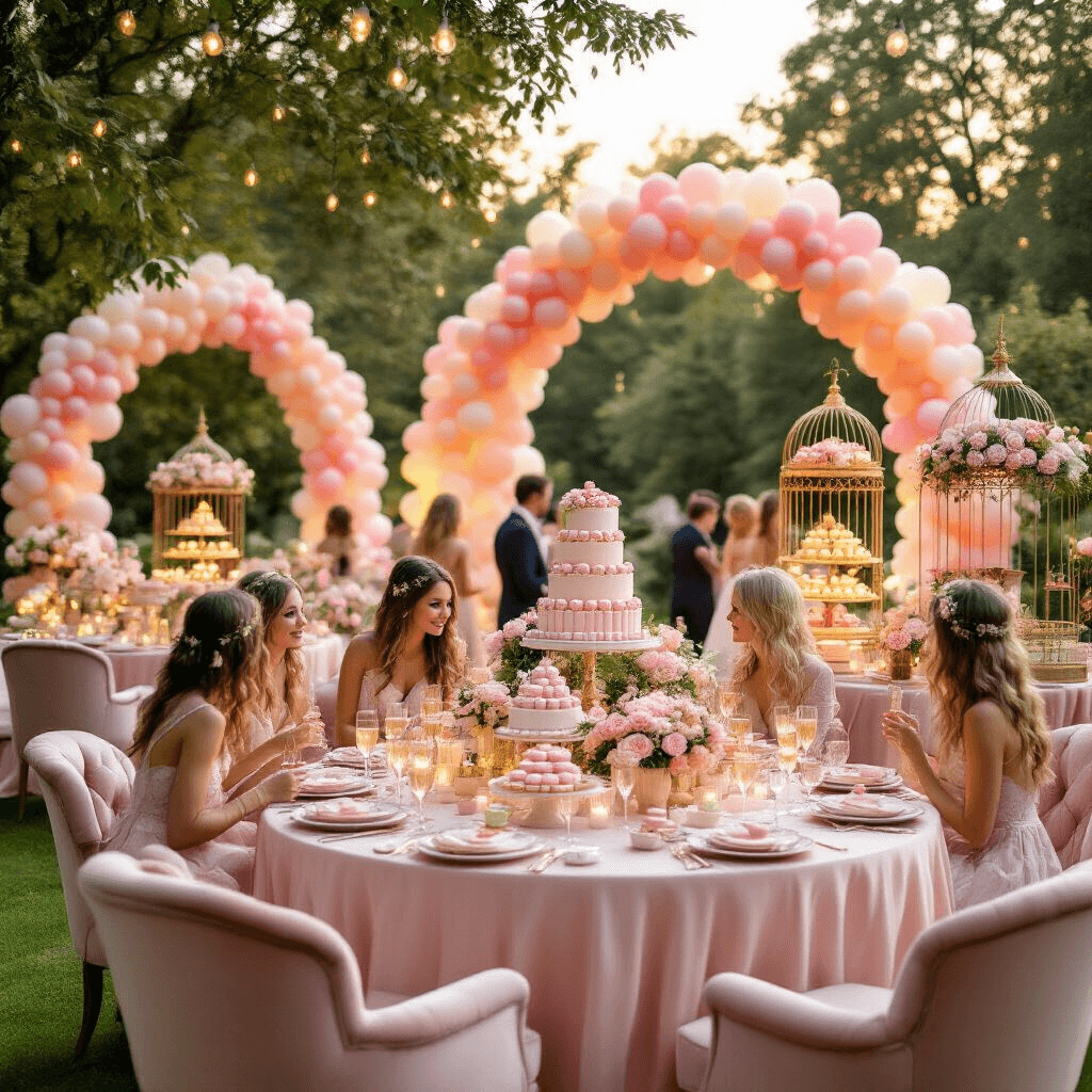 A whimsical garden party scene at golden hour with blush pink silk tables, towering balloon arches, ornate birdcage centerpieces filled with flowers, a dessert cart with pastel treats, guests in plush velvet chairs, and soft warm lighting creating a magical atmosphere.