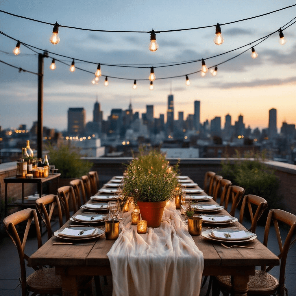 An intimate rooftop celebration at twilight with a long farmhouse table decorated with an ivory runner, brass candleholders, and rustic terracotta pots of herbs and wildflowers. Edison bulbs provide warm lighting, while mismatched vintage chairs surround the table. A bar cart with artisanal cocktails in copper mugs is nearby, against a backdrop of a twinkling city skyline.