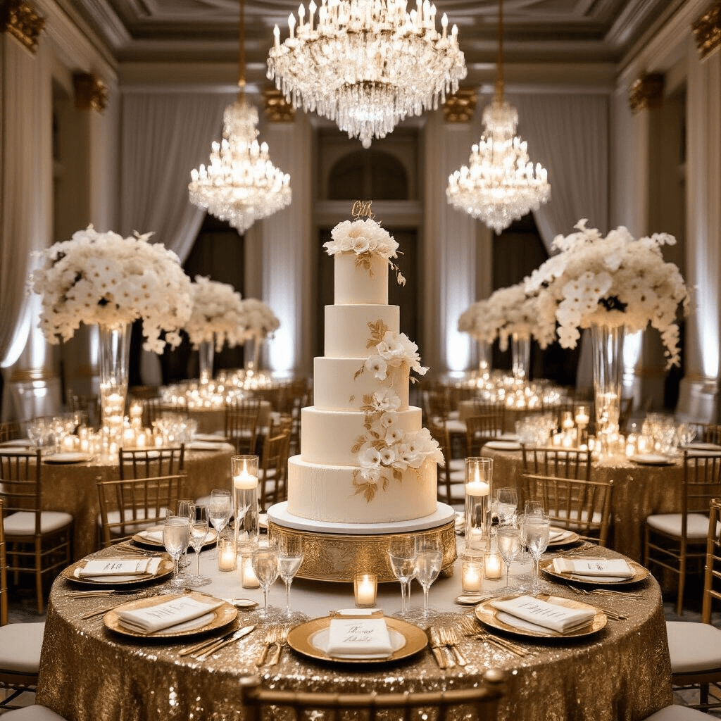 Luxe birthday soirée in a grand ballroom with opulent crystal chandeliers, round tables draped in gold sequin linens, tall vases of white orchids and floating candles, a massive tiered cake with edible gold leaf, gold-rimmed chargers, and personalized calligraphy place cards, all under flowing ivory drapery.