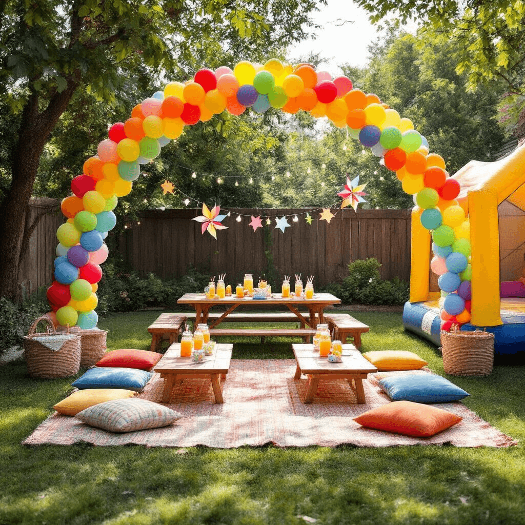 A vibrant children's birthday party in a sunlit backyard featuring a colorful balloon rainbow arch over a picnic area with low tables and primary-colored cushions, a DIY lemonade stand with Mason jars, oversized pinwheels and kites along the fence, a bounce house in the corner, and fairy lights strung between trees, all captured from an elevated angle.