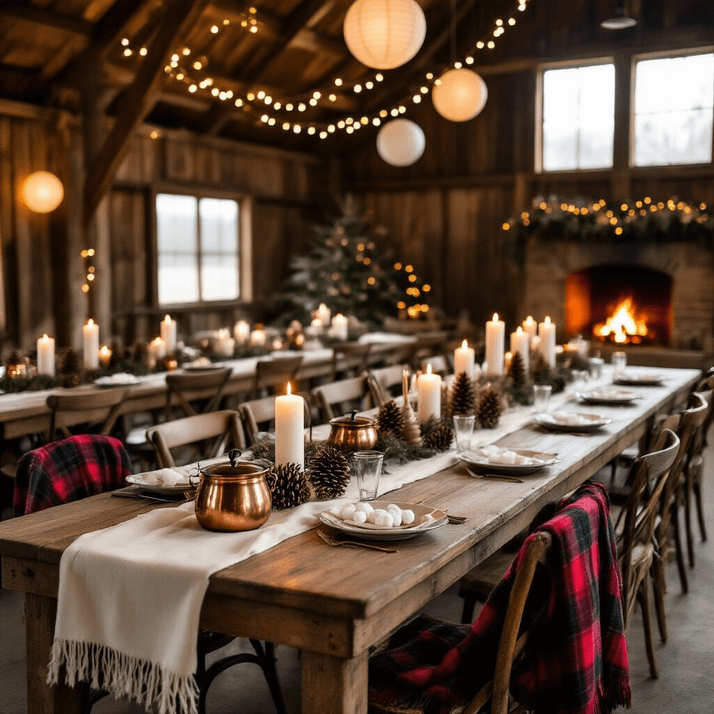 A cozy winter birthday celebration in a rustic barn, featuring long wooden tables with ivory runners and pinecone centerpieces, a hot chocolate bar with vintage copper pots, plaid blankets on mismatched chairs, twinkling fairy lights and paper lanterns, and a roaring fireplace, all softly illuminated to create an intimate atmosphere.