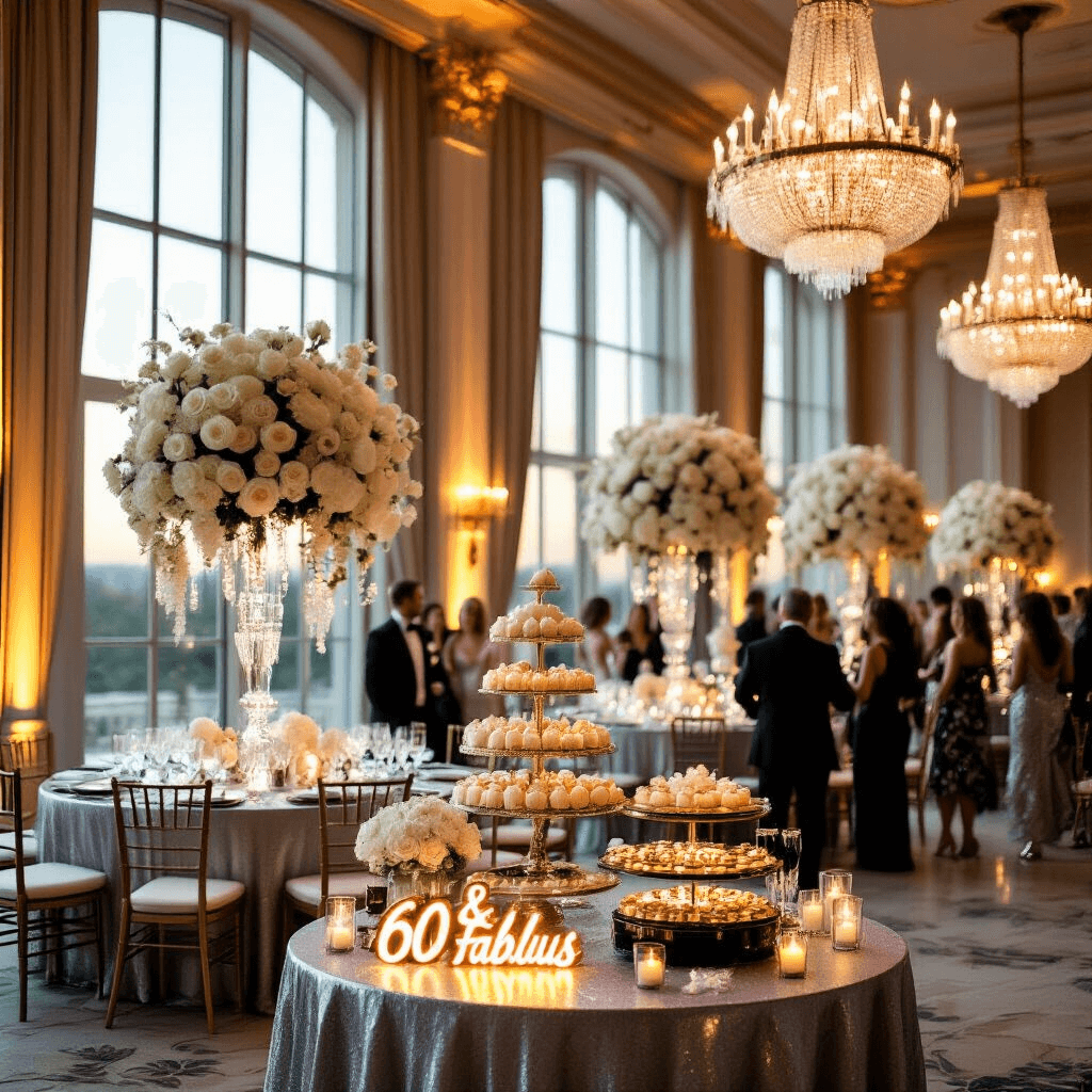 A grand ballroom decorated for a luxurious 60th birthday celebration, featuring shimmering silver table linens, towering floral centerpieces of white roses and orchids, crystal chandeliers, a black and gold dessert cart, a neon sign reading '60 & Fabulous', and guests mingling near a champagne tower.