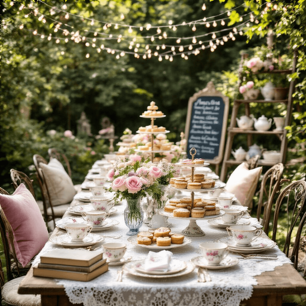 An intimate vintage tea party in a sunlit garden features mismatched antique china on lace-covered tables, adorned with pastel blooms, stacks of books, and ornate candle holders, while a multi-tiered cake stand showcases pastries and sandwiches under a fairy light canopy, complemented by colored velvet cushions and a chalkboard menu against a rustic ladder.