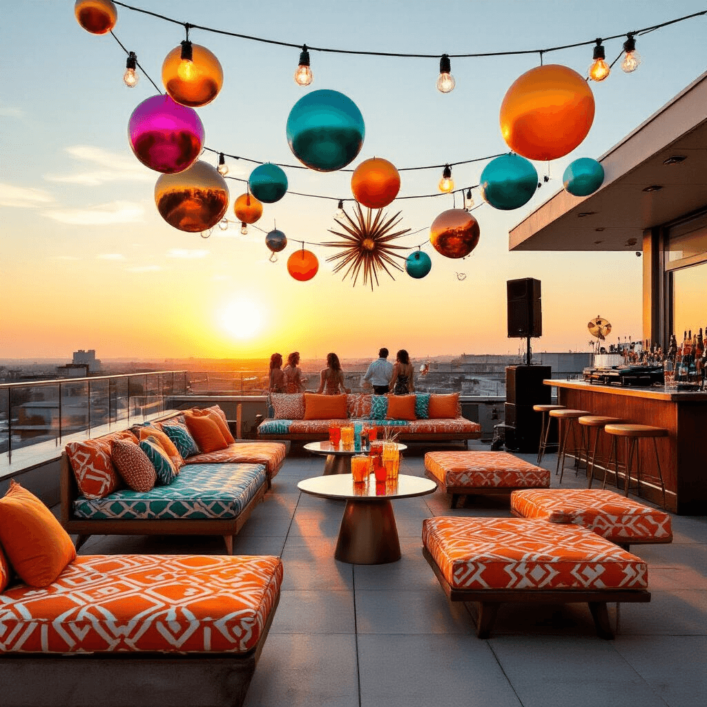 A vibrant retro-themed 60th birthday party on a modern rooftop terrace, featuring geometric patterned linens, mid-century modern lounges, a classic cocktail bar, oversized lava lamps, a vinyl record DJ booth, and colorful globe lights illuminating guests dancing under metallic balloon decorations.