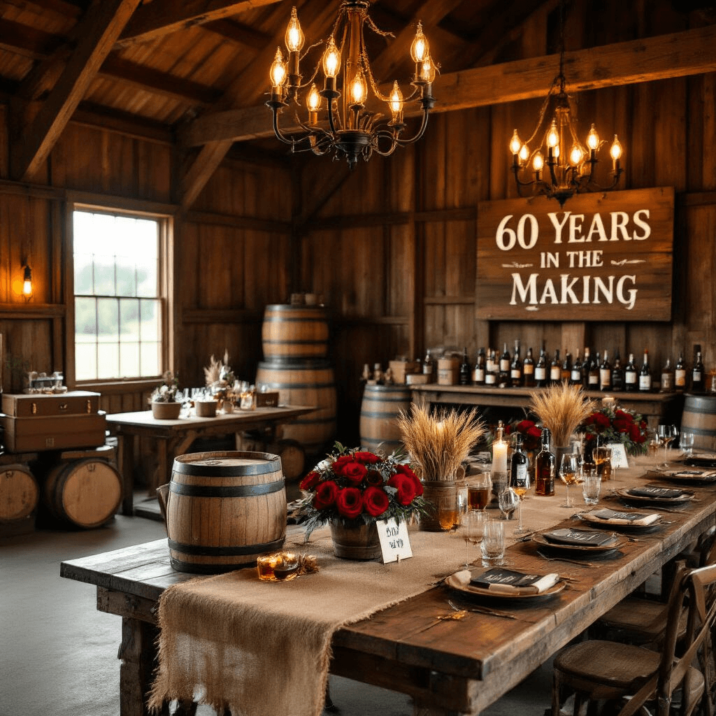 A rustic barn celebration themed 'Aged to Perfection,' featuring warm amber lighting, long farmhouse tables with burlap runners, whiskey barrel centerpieces of red roses and wheat, a fine whiskey and wine tasting station, stacked vintage suitcases as a gift table, and a wooden sign highlighting '60 Years in the Making' above a photo timeline.